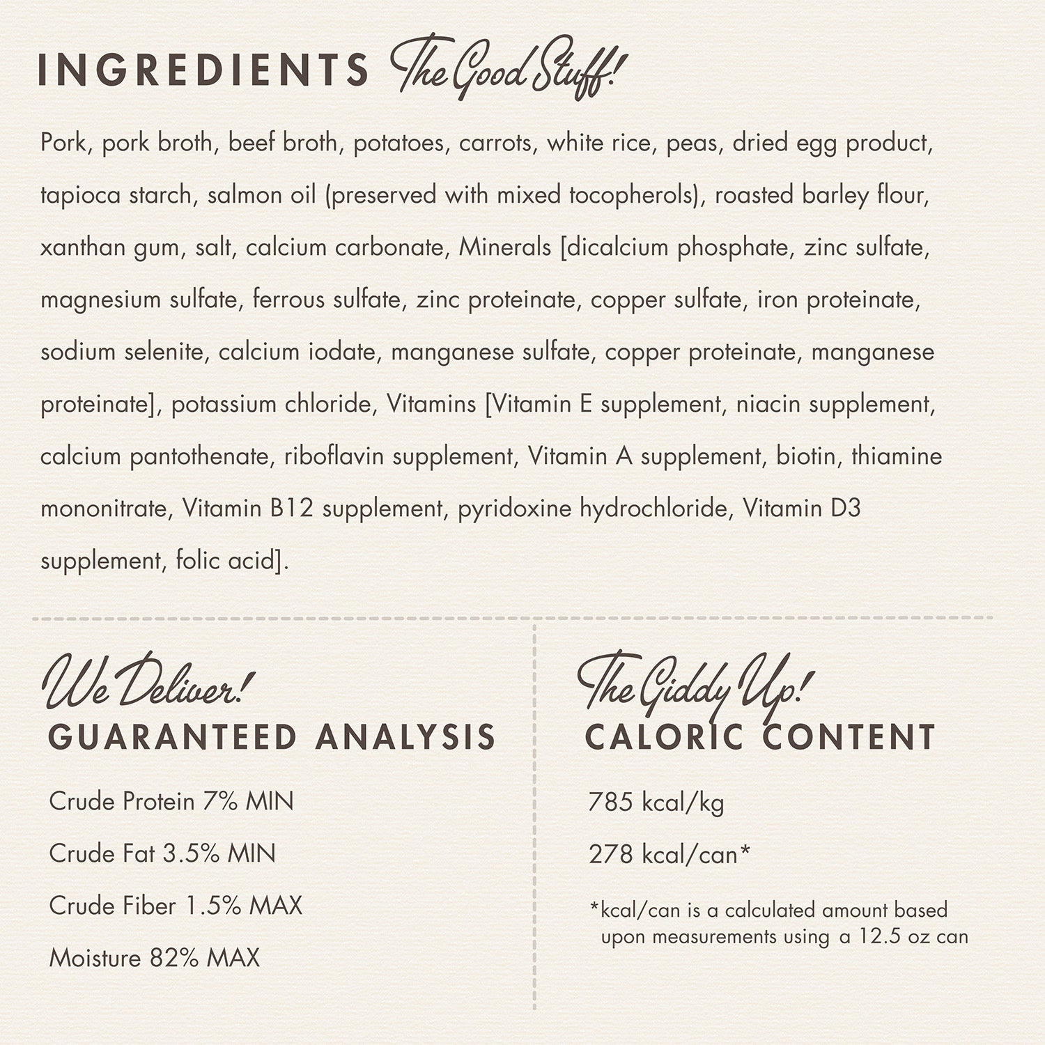 Dog Dish Fromm pork stew dog food ingredient list, guaranteed analysis, and caloric content on a cream background.