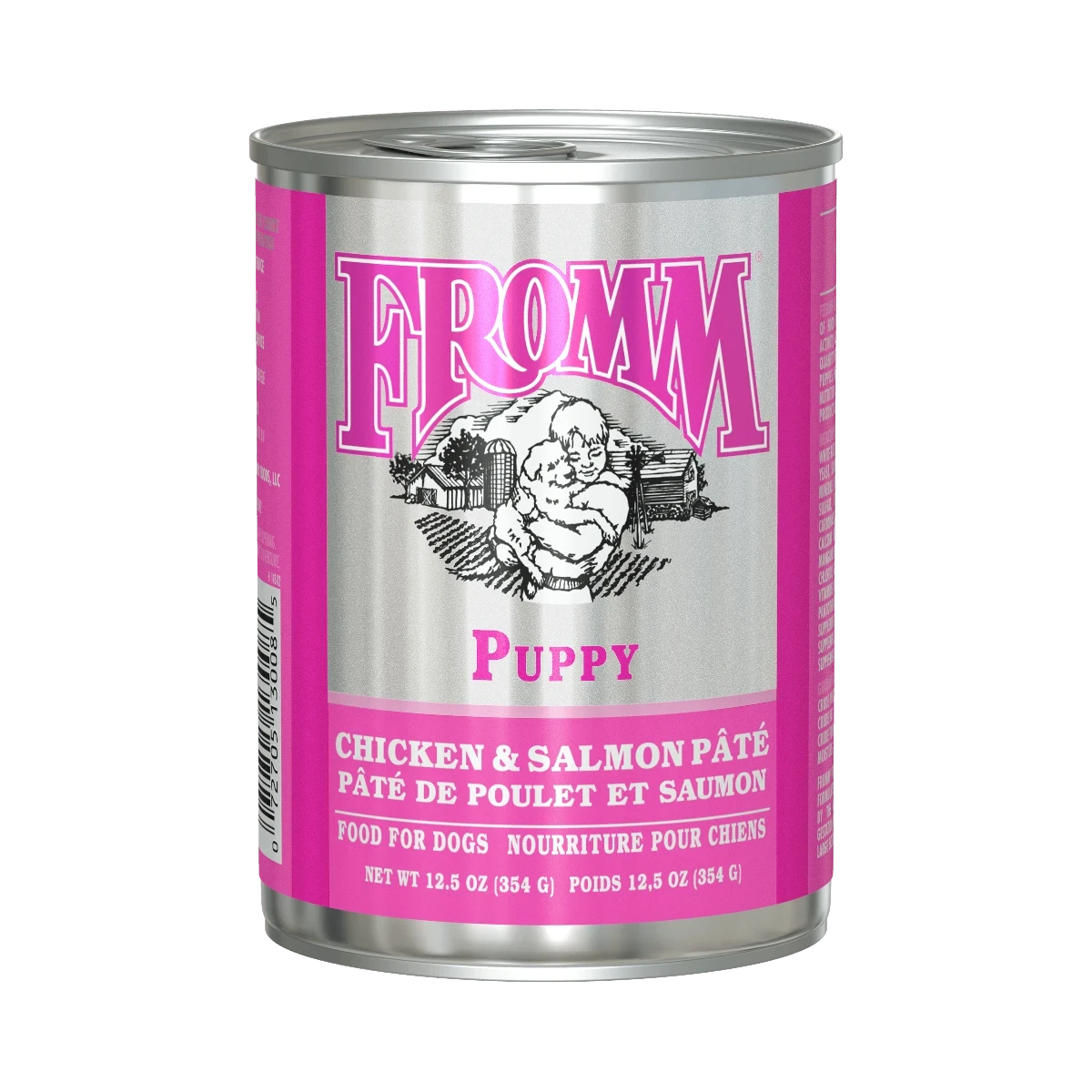 Dog Dish Fromm Classic Puppy chicken and salmon pate wet dog food in a 12.5oz silver and pink can