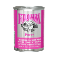 Dog Dish Fromm Classic Puppy chicken and salmon pate wet dog food in a 12.5oz silver and pink can