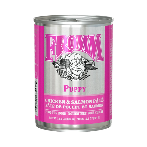 Dog Dish Fromm Classic Puppy chicken and salmon pate wet dog food in a 12.5oz silver and pink can