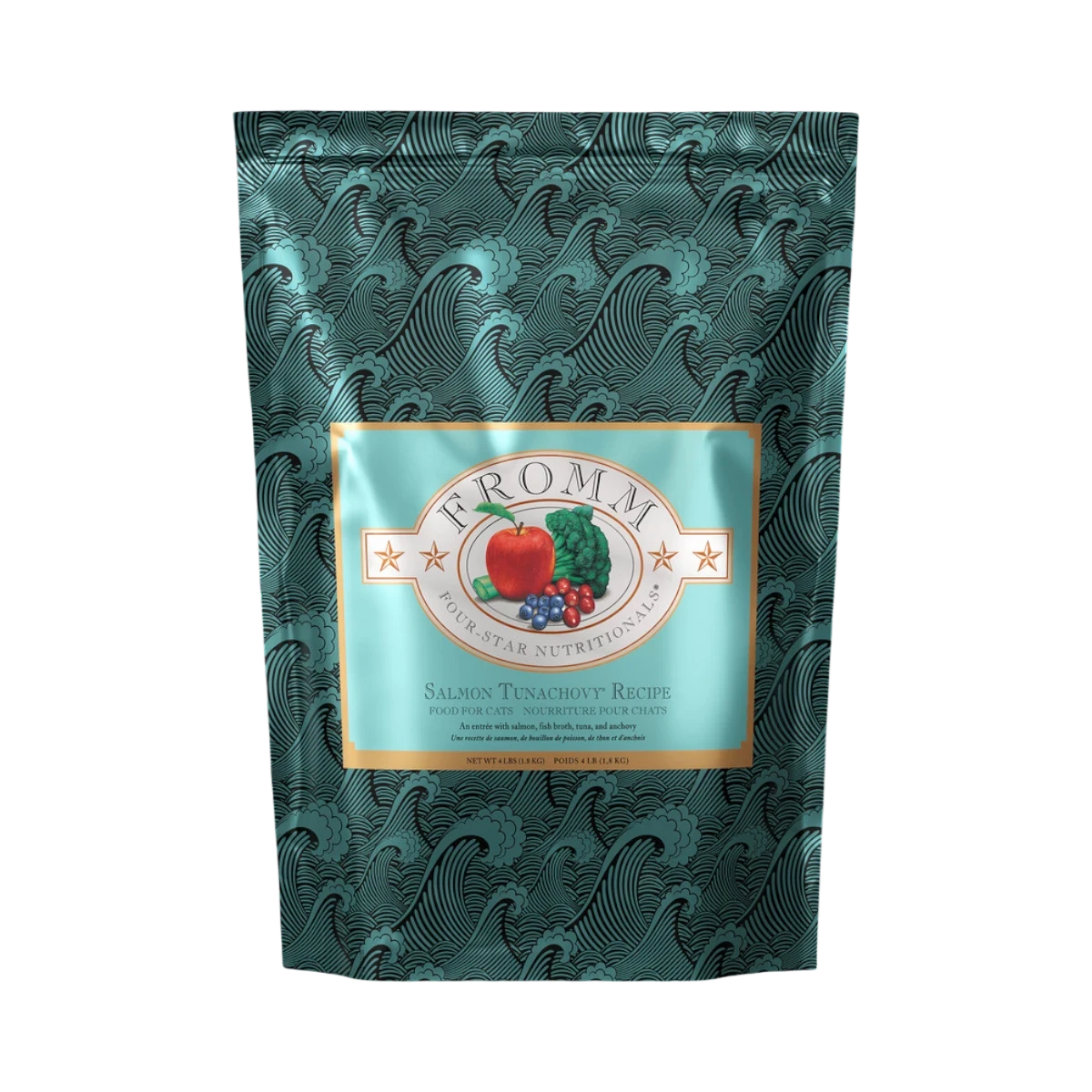 Dog Dish Fromm Salmon Tunachovy dry cat food 4lb bag with teal wave pattern and gold label