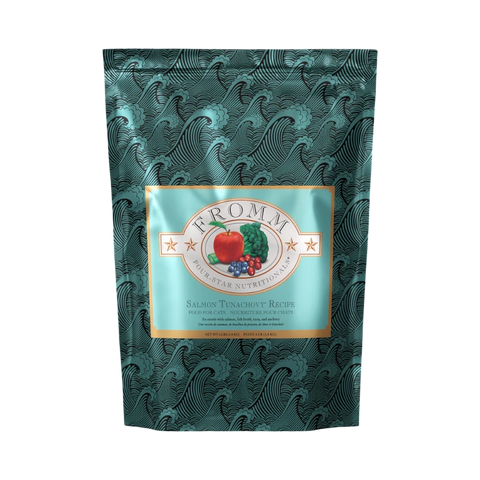 Dog Dish Fromm Salmon Tunachovy dry cat food 4lb bag with teal wave pattern and gold label