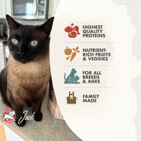 Dog Dish Fromm Surf & Turf cat food features a Siamese cat next to an infographic highlighting quality ingredients