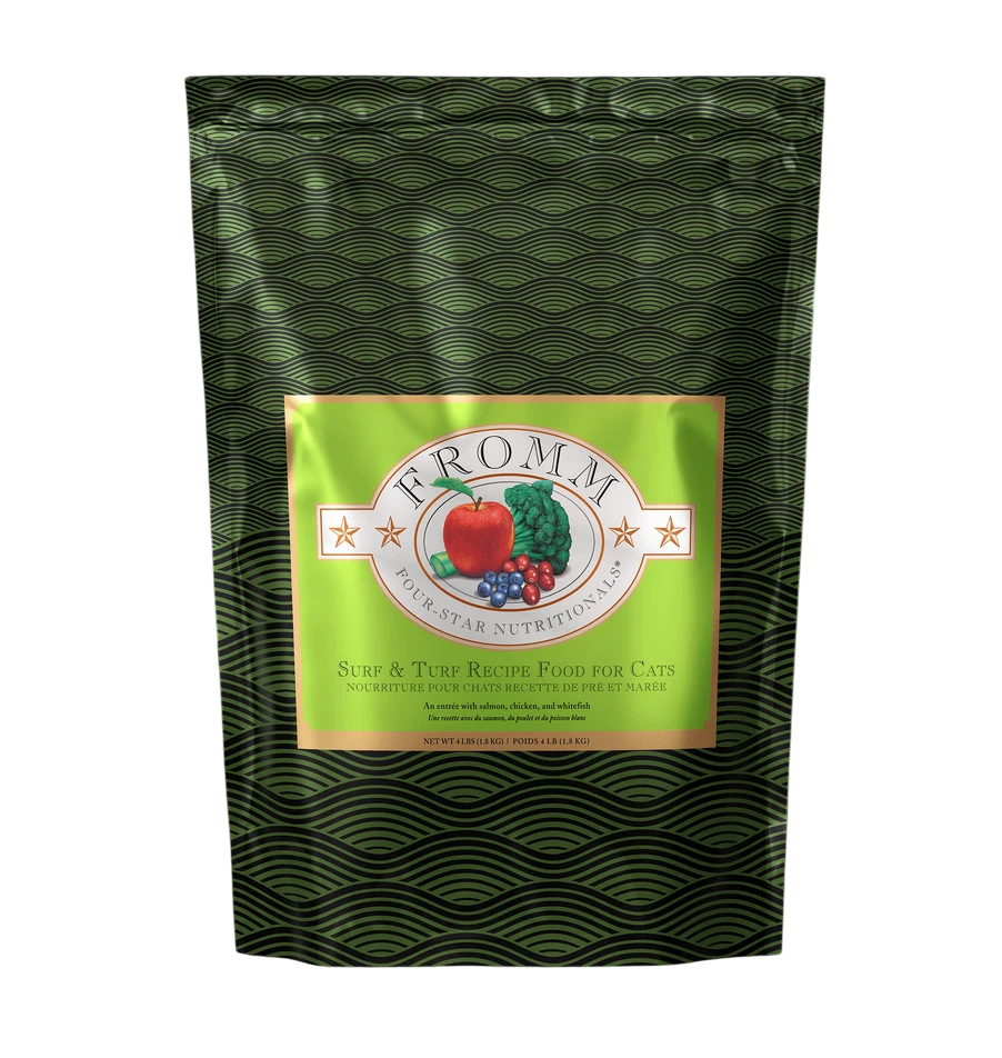 Dog Dish Fromm Surf & Turf grain-free cat food 5lb bag with green wave pattern and salmon, chicken, and whitefish