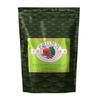 Dog Dish Fromm Surf & Turf grain-free cat food 5lb bag with green wave pattern and salmon, chicken, and whitefish