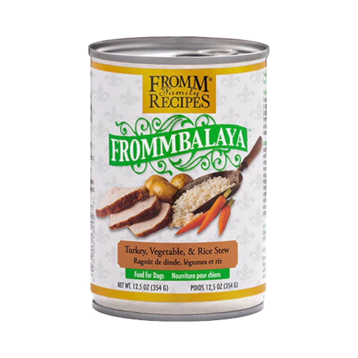 Dog Dish Fromm Frommbalaya turkey vegetable and rice stew for dogs in a 12.5oz can