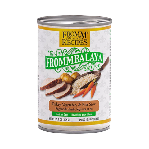 Dog Dish Fromm Frommbalaya turkey vegetable and rice stew for dogs in a 12.5oz can