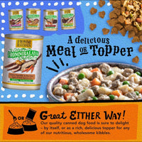 Dog Dish Fromm Frommbalaya turkey vegetable and rice stew canned dog food with serving suggestion and kibble topper