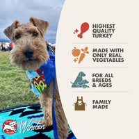 Dog Dish Fromm turkey stew advertisement featuring a terrier wearing a hot air balloon bandana on a grassy field
