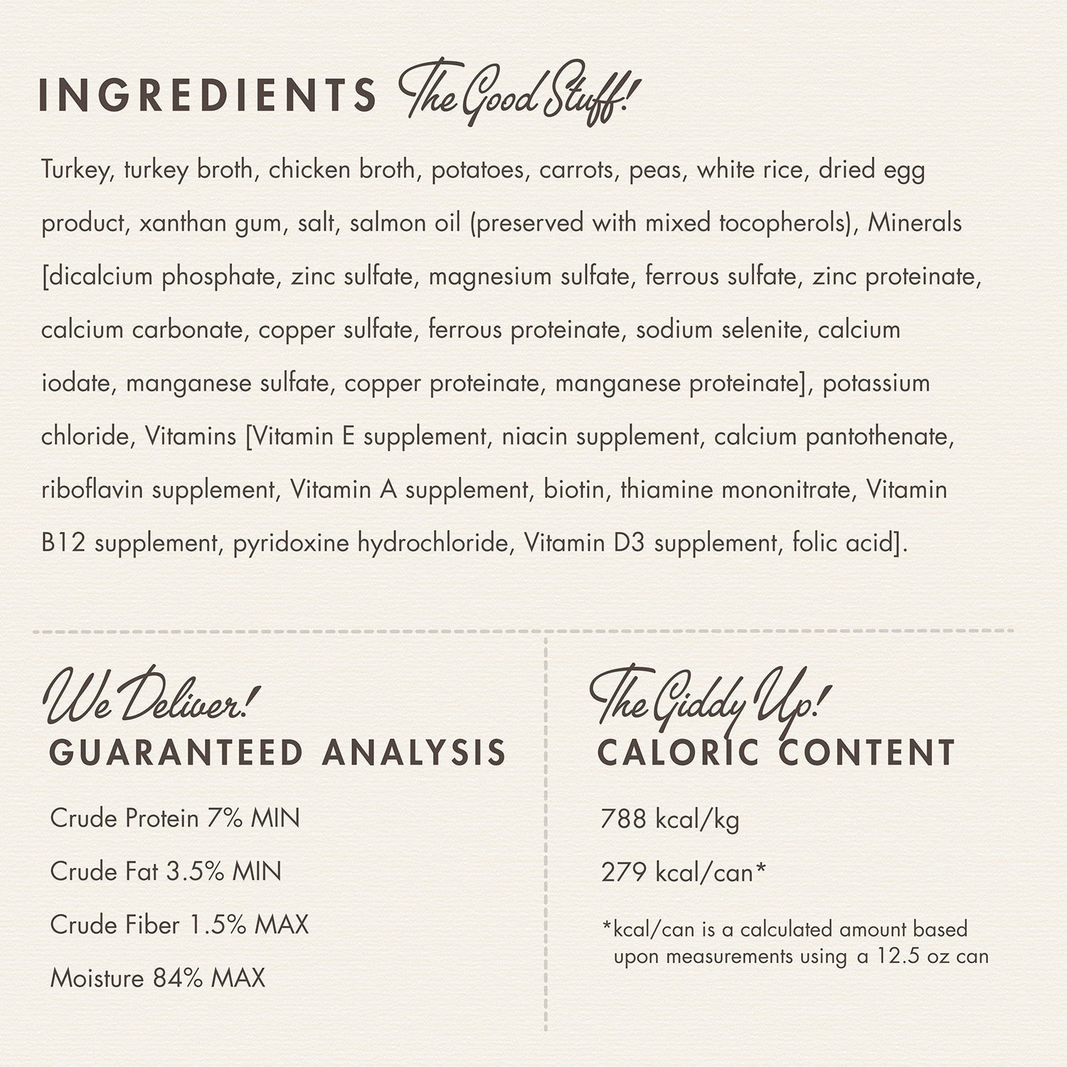 Dog Dish Fromm turkey stew ingredients list and guaranteed analysis label for 12.5oz canned dog food