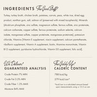 Dog Dish Fromm turkey stew ingredients list and guaranteed analysis label for 12.5oz canned dog food