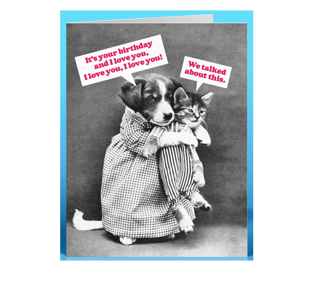 Dog Dish greeting card featuring a vintage puppy and kitten illustration with funny birthday text on a blue background.