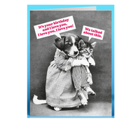 Dog Dish greeting card featuring a vintage puppy and kitten illustration with funny birthday text on a blue background.