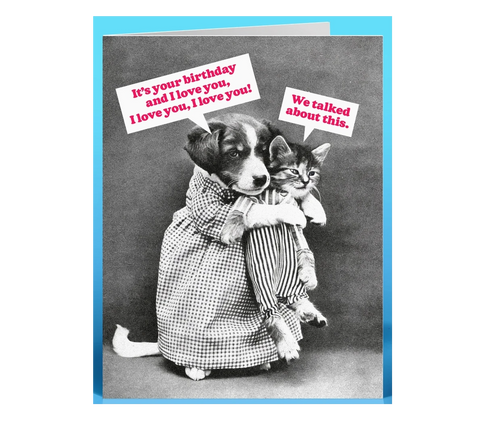 Dog Dish greeting card featuring a vintage puppy and kitten illustration with funny birthday text on a blue background.