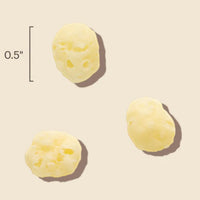 Dog Dish Honest Kitchen gouda cheese bites for dogs, showing three small, crunchy, pale yellow cheese treats.