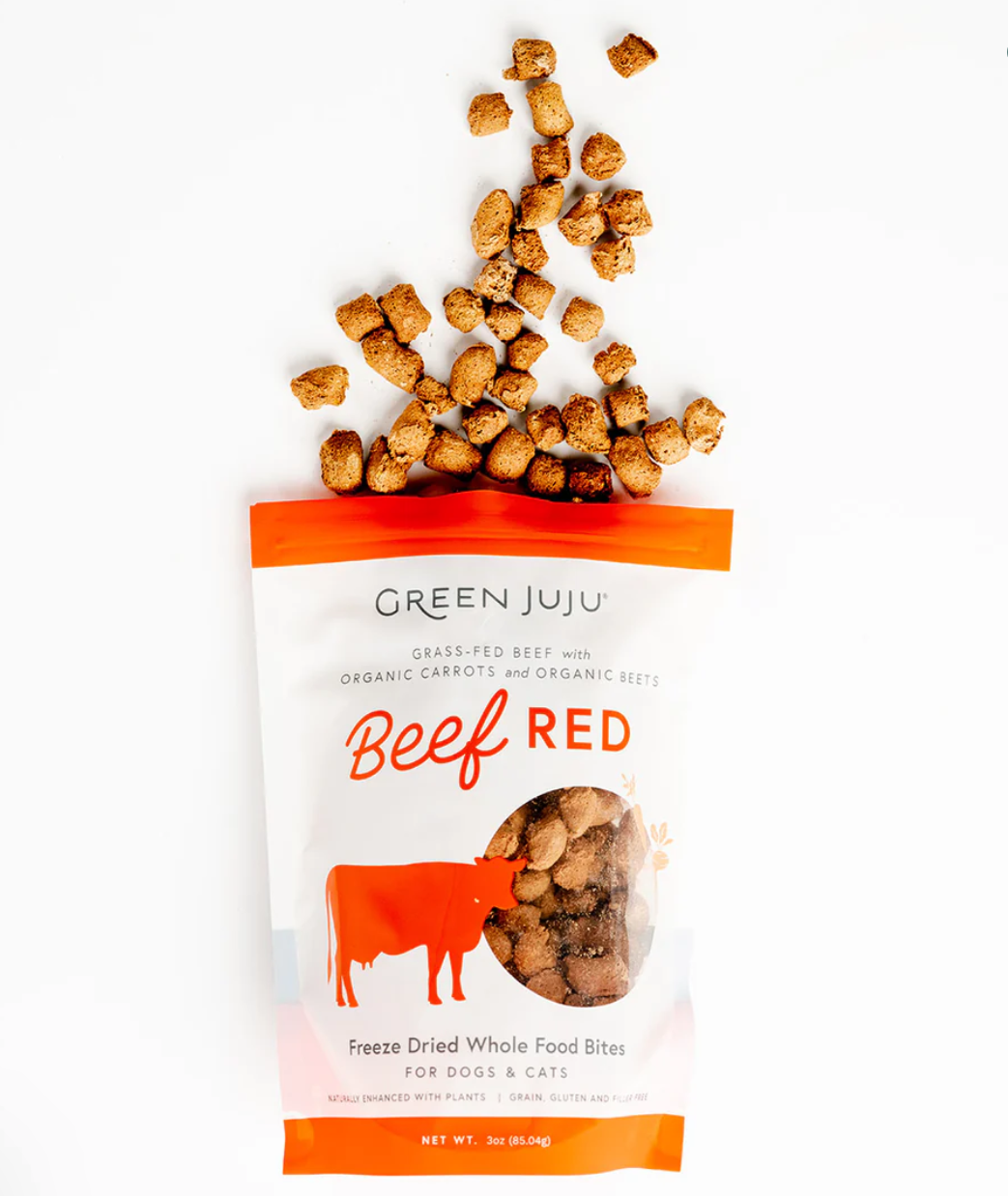 Dog Dish Green Juju Beef Red freeze-dried treats for dogs and cats with grass-fed beef, carrots, and beets.