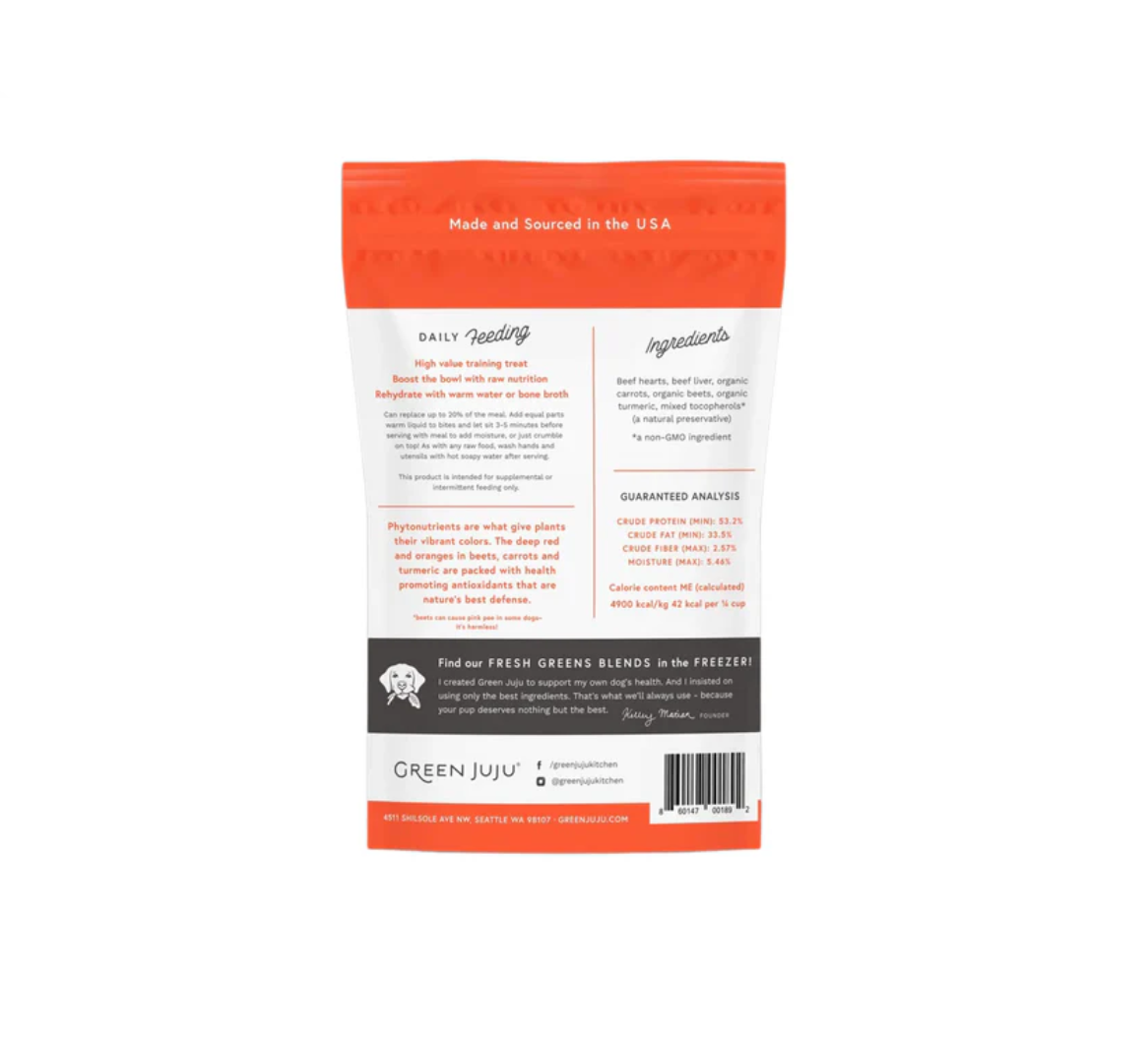 Dog Dish Green Juju Beef Red Bites freeze-dried treat packaging back view showing ingredients and feeding guide