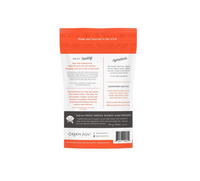 Dog Dish Green Juju Beef Red Bites freeze-dried treat packaging back view showing ingredients and feeding guide