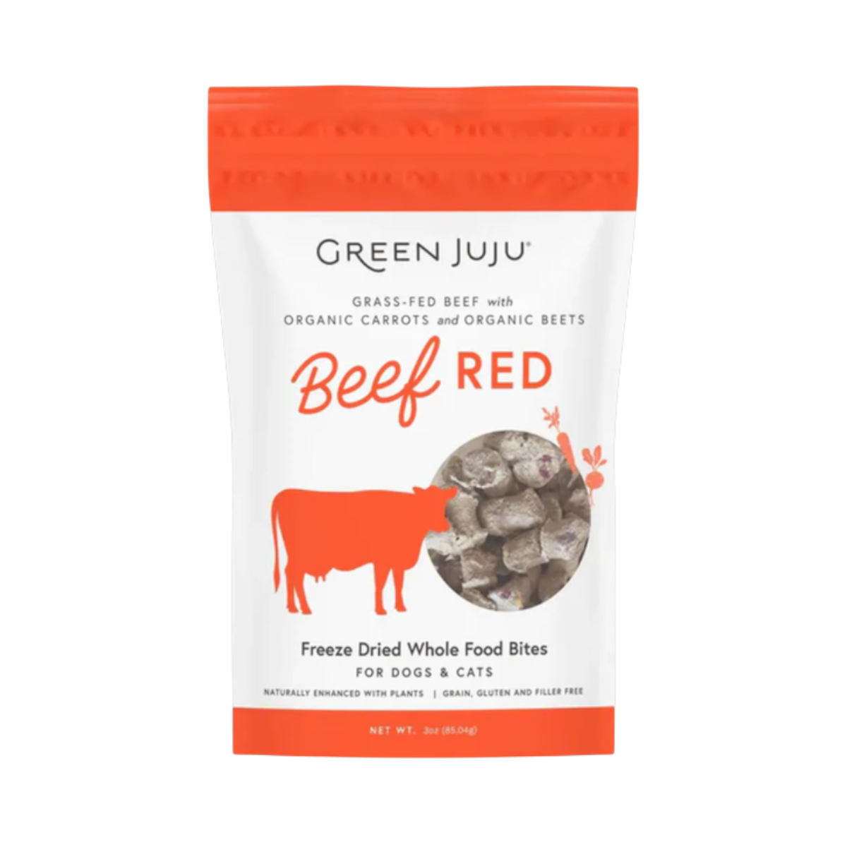 Dog Dish Green Juju Beef Red freeze-dried dog and cat treats in a white and orange pouch with grass-fed beef organs.