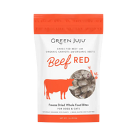 Dog Dish Green Juju Beef Red freeze-dried dog and cat treats in a white and orange pouch with grass-fed beef organs.