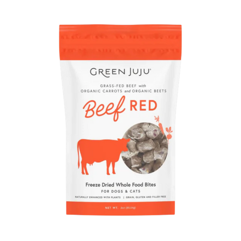 Dog Dish Green Juju Beef Red freeze-dried dog and cat treats in a white and orange pouch with grass-fed beef organs.