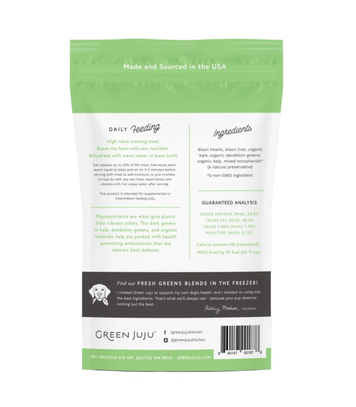 Dog Dish Green Juju Bison Green Bites freeze-dried dog treat packaging back view with ingredients and feeding guide