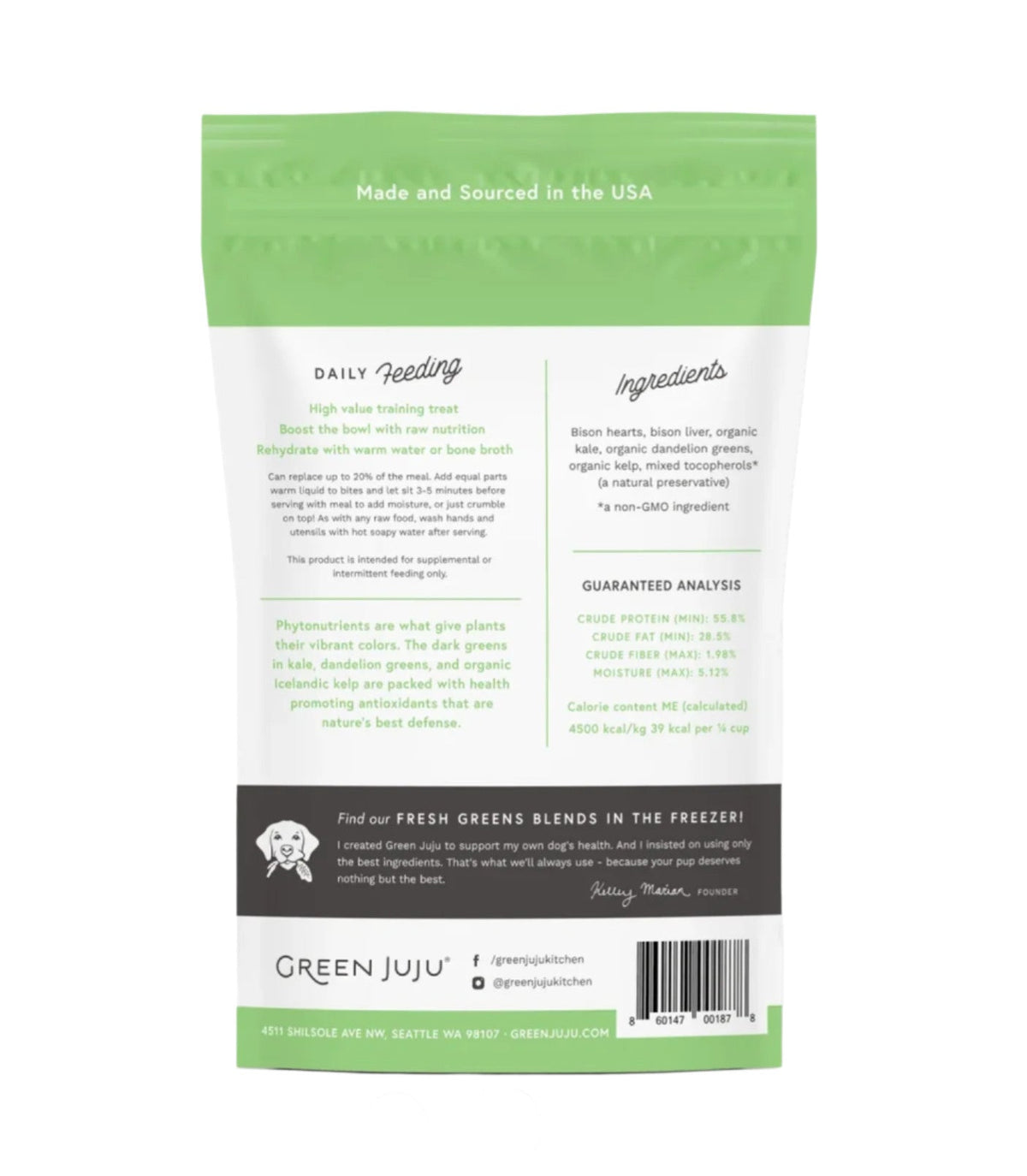 Close-up detail of Green Juju Bison Green Bites packaging highlighting ingredients and nutritional information.