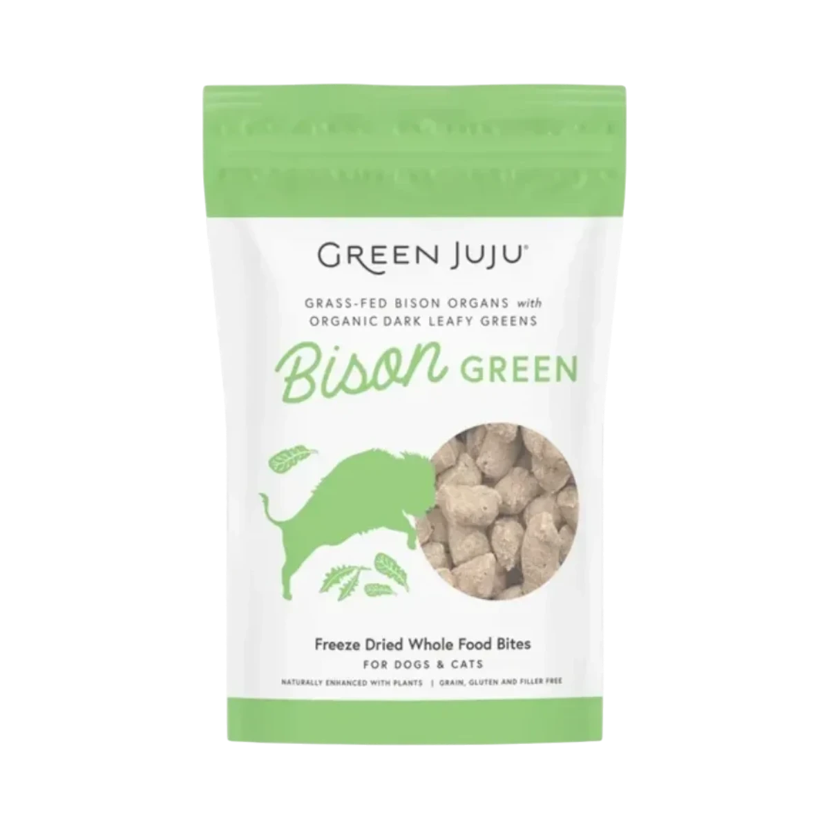 Dog Dish Green Juju Bison Green Bites freeze-dried raw organ meat treats for dogs and cats in a green pouch.