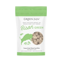 Dog Dish Green Juju Bison Green Bites freeze-dried raw organ meat treats for dogs and cats in a green pouch.