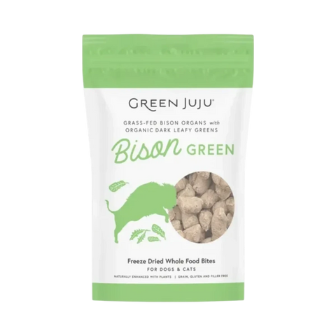 Dog Dish Green Juju Bison Green Bites freeze-dried raw organ meat treats for dogs and cats in a green pouch.