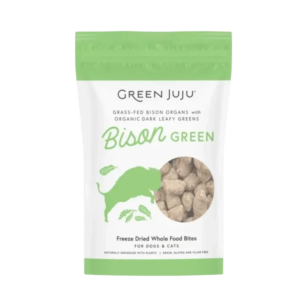 Dog Dish Green Juju Bison Green Bites freeze-dried dog and cat treats in a green and white resealable pouch.