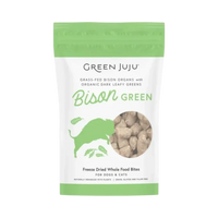 Dog Dish Green Juju Bison Green Bites freeze-dried dog and cat treats in a green and white resealable pouch.