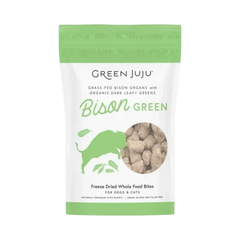 Dog Dish Green Juju Bison Green Bites freeze-dried dog and cat treats in a green and white resealable pouch.