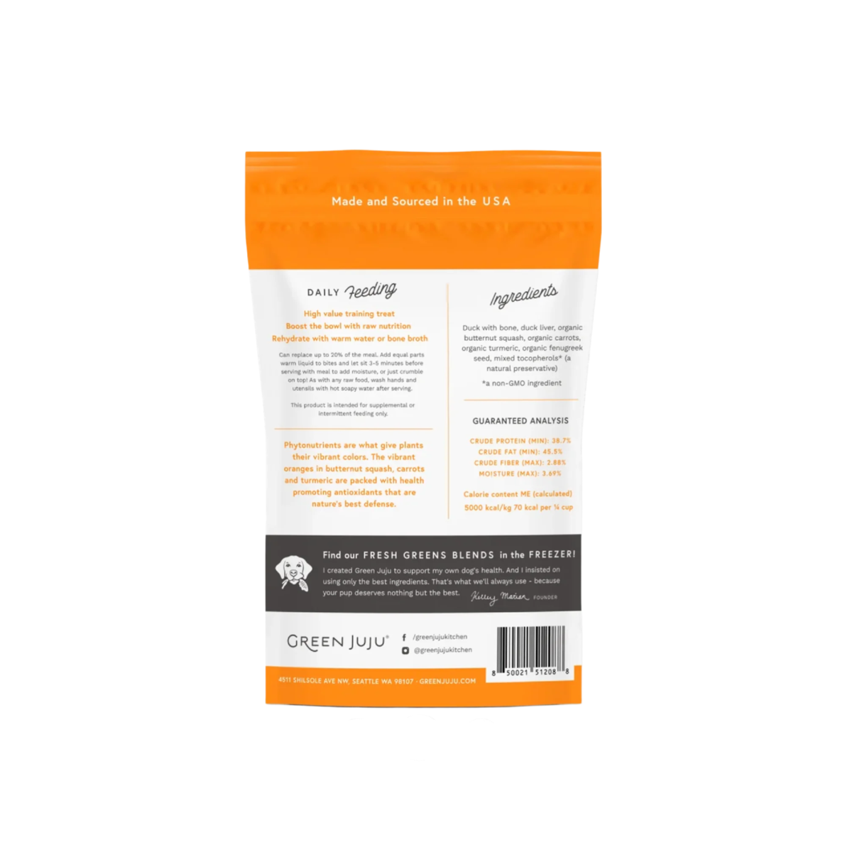 Dog Dish Green Juju Duck Orange Bites freeze-dried pet treat packaging back label with feeding and ingredient info
