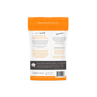 Dog Dish Green Juju Duck Orange Bites freeze-dried pet treat packaging back label with feeding and ingredient info