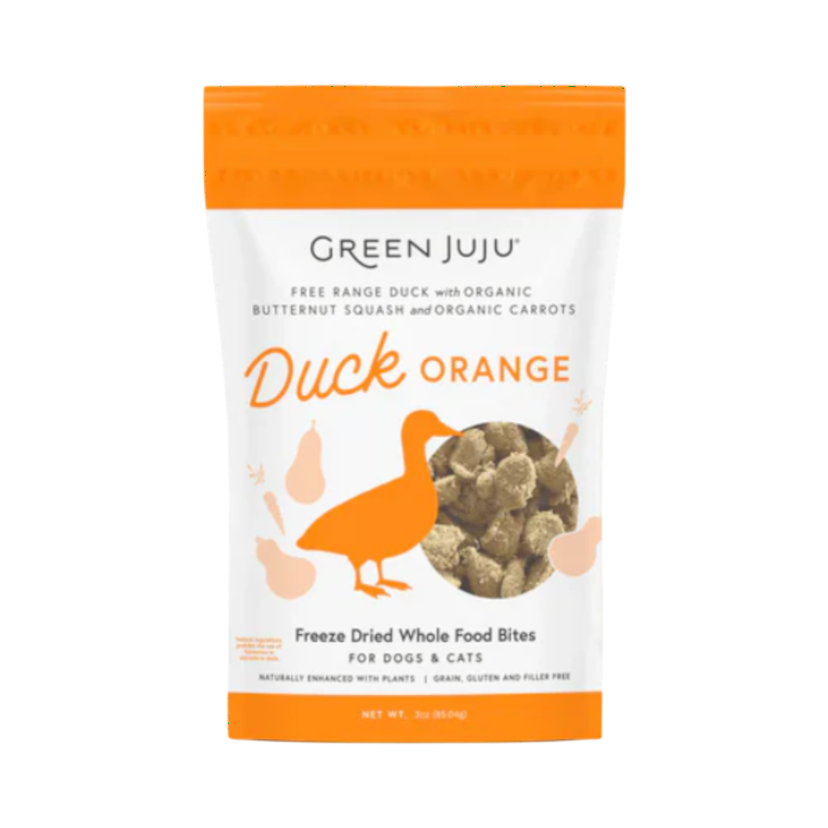 Dog Dish Green Juju Duck Orange freeze-dried dog and cat treat bag with organic squash and carrots