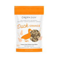 Dog Dish Green Juju Duck Orange freeze-dried dog and cat treat bag with organic squash and carrots