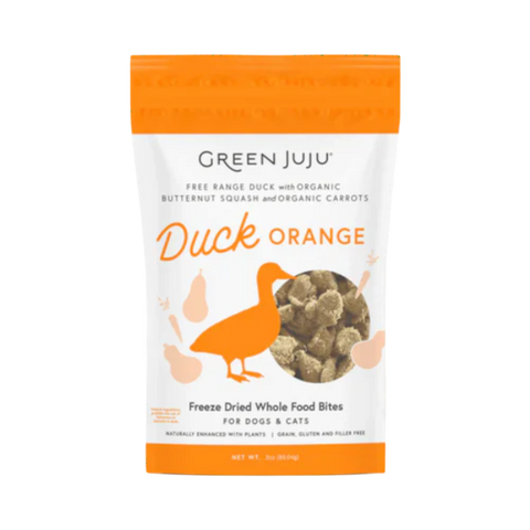 Dog Dish Green Juju Duck Orange freeze-dried dog and cat treat bag with organic squash and carrots