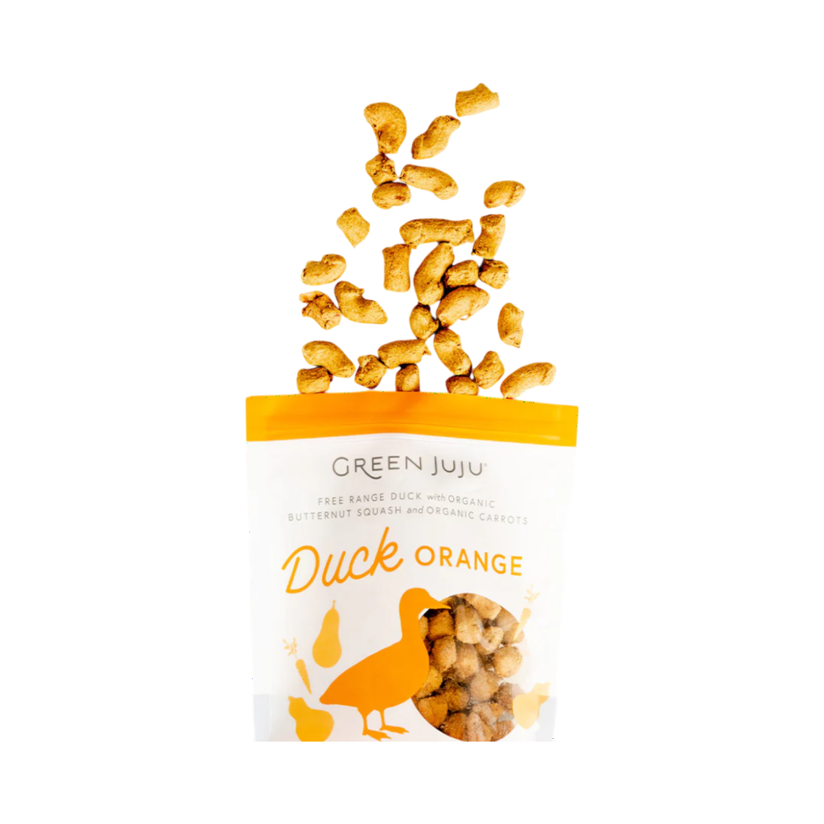 Dog Dish Green Juju freeze-dried duck and orange dog treats falling into a clear pouch with orange branding