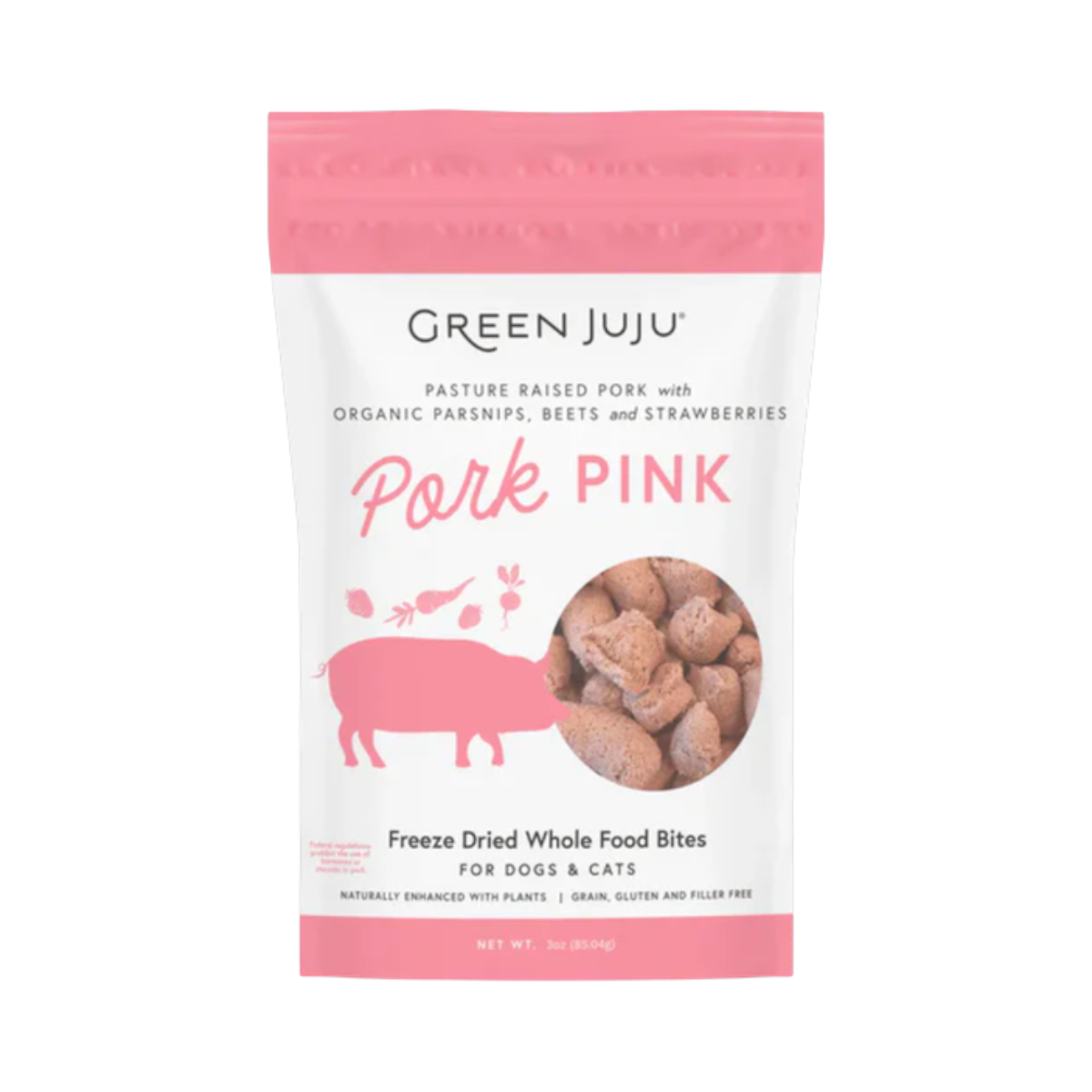 Dog Dish Green Juju Pork Pink Bites freeze-dried dog treats in a pink pouch with pork and vegetable illustrations.