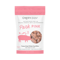 Dog Dish Green Juju Pork Pink Bites freeze-dried dog treats in a pink pouch with pork and vegetable illustrations.