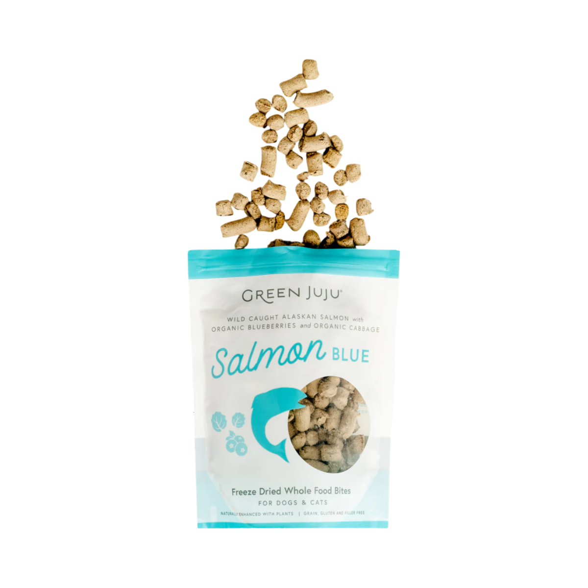 Dog Dish Green Juju freeze-dried salmon and blueberry dog treats in a white bag with bites falling from the top