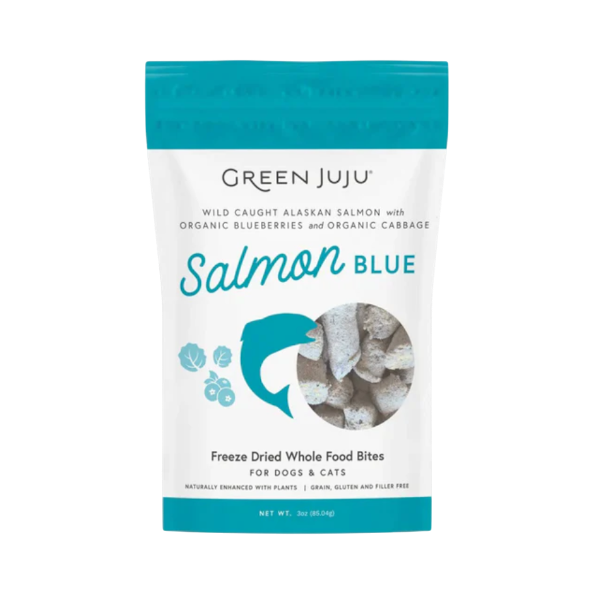 Dog Dish Green Juju Salmon Blue freeze-dried dog treats in a white pouch with teal accents and salmon illustration.
