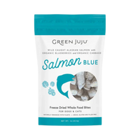 Dog Dish Green Juju Salmon Blue freeze-dried dog treats in a white pouch with teal accents and salmon illustration.