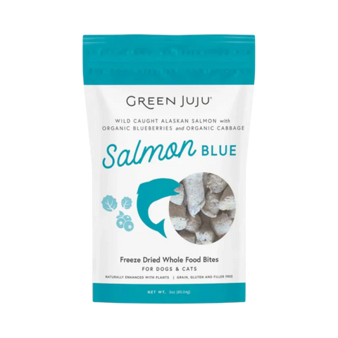 Dog Dish Green Juju Salmon Blue freeze-dried dog treats in a white pouch with teal accents and salmon illustration.