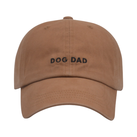 Dog Dish brown cotton baseball cap with Dog Dad embroidered in black lettering on the front