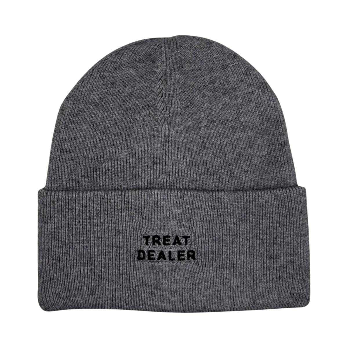 Dog Dish heather gray knit beanie with black Treat Dealer embroidery, made from a soft viscose blend.