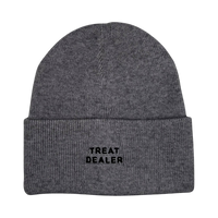 Dog Dish heather gray knit beanie with black Treat Dealer embroidery, made from a soft viscose blend.