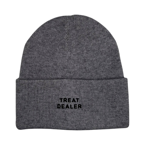 Dog Dish heather gray knit beanie with black Treat Dealer embroidery, made from a soft viscose blend.