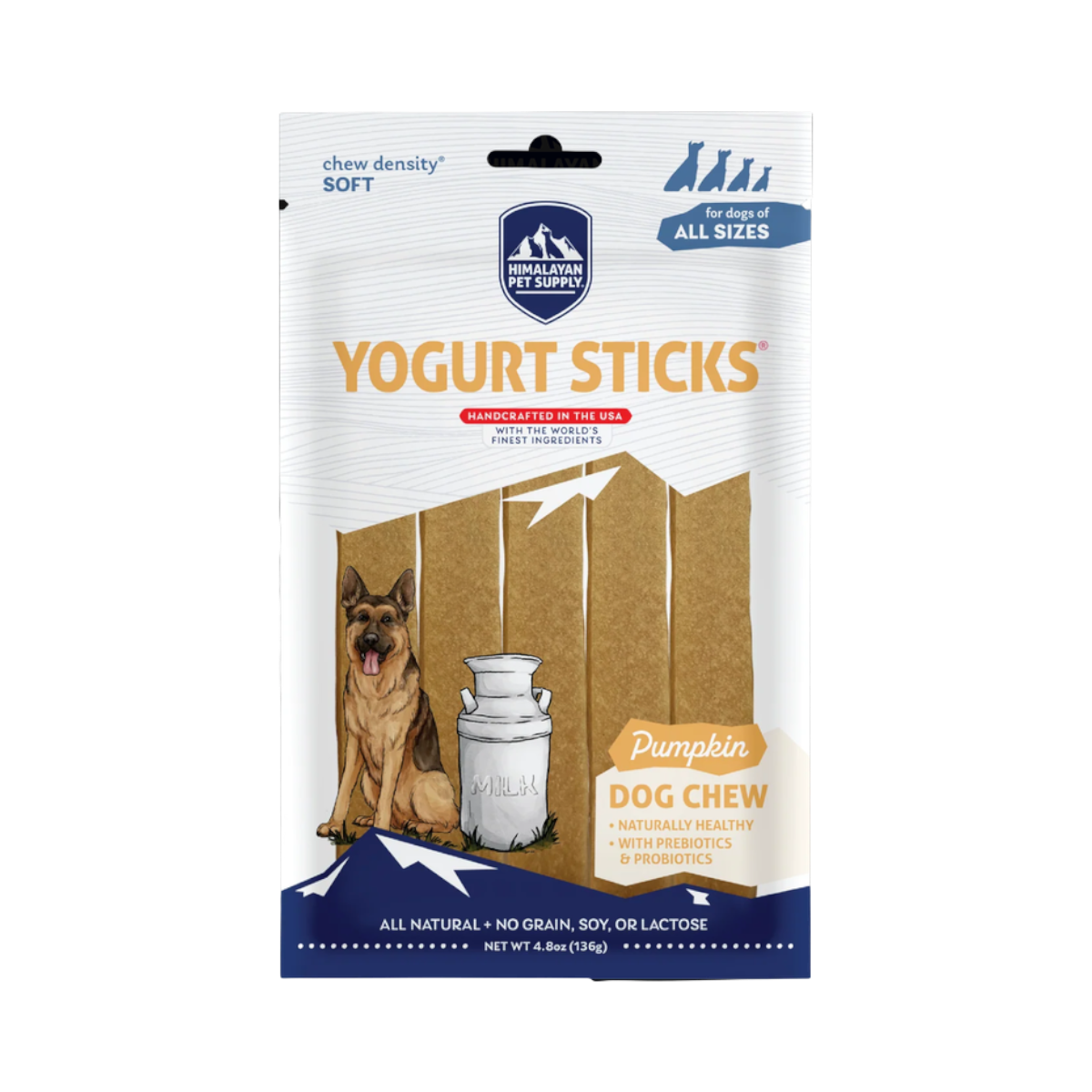 Dog Dish Himalayan Dog Chew soft yogurt sticks in pumpkin flavor, a grain-free, probiotic-rich treat for all dog sizes.